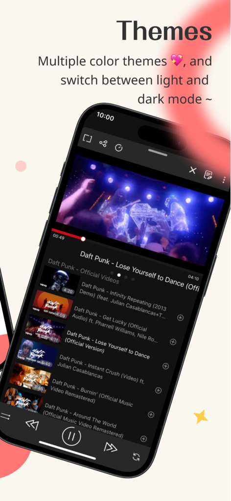 PartyTu app interface showing a dark color theme with a music video player and playlist