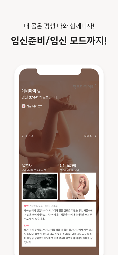 핑크다이어리-생리 배란 임신 헬스케어 앱 - 태아 발달 정보 및 초음파 이미지를 포함하여 37주차 임신 추적을 보여주는 핑크 다이어리 앱 화면
