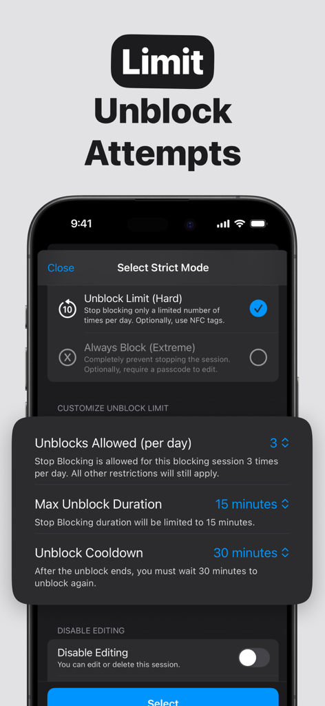 Interface of the Refocus app showing strict mode settings to limit unblock attempts and set cooldown durations.
