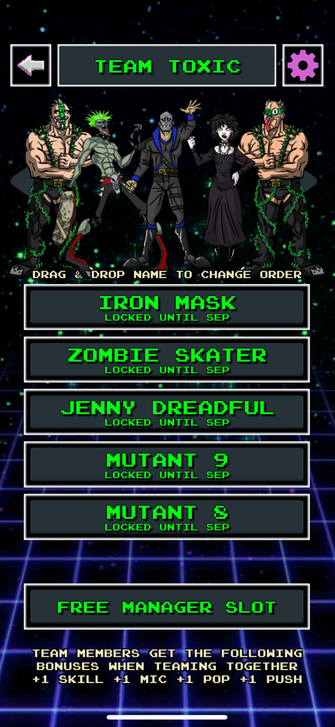 Roster management screen for Team Toxic in 80s Mania Wrestling Returns showing character cards and team bonuses
