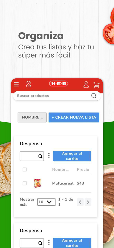 Pantalla de la app móvil mi H-E-B mostrando cómo crear y organizar listas de compras de supermercado.