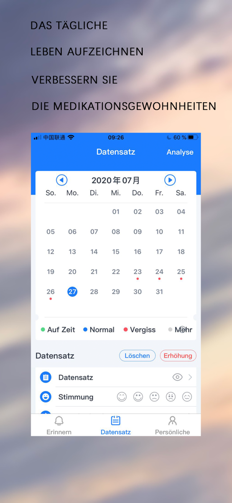 Medication Reminder-int'l - A mobile app interface in German showing a monthly calendar for tracking medication adherence and mood.