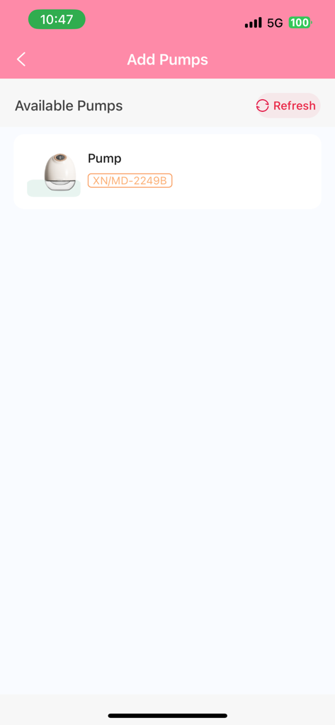 Horigen - Horigen app screen for adding a new wearable breast pump showing an available device model XN MD 2249B