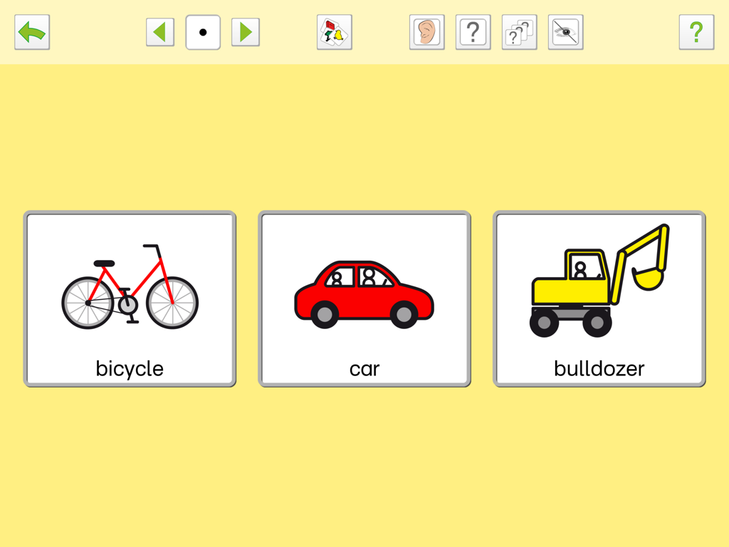 Tarjetas educativas para bicicleta, coche y bulldozer en la aplicación ShowMe 3.0 PRO