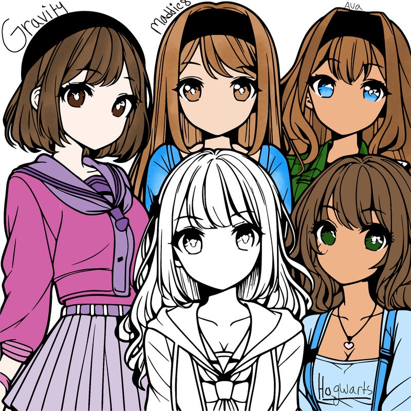 a group of four teenage anime girls