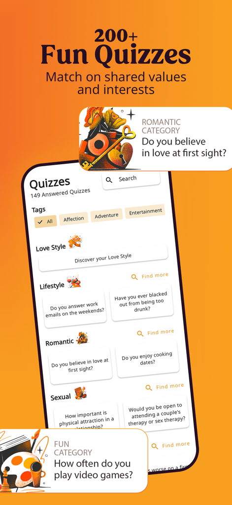 Interface of the Firefly dating app showing a variety of personality quizzes for matching on shared values.
