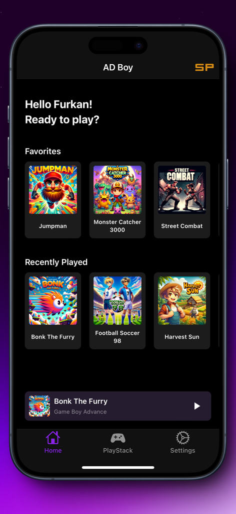 AD Boy: All-in-One-Emulator - AD Boy app home screen showing favorites and recently played retro games