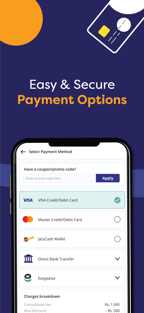 Oladoc app screen displaying various payment methods including credit cards digital wallets and bank transfers