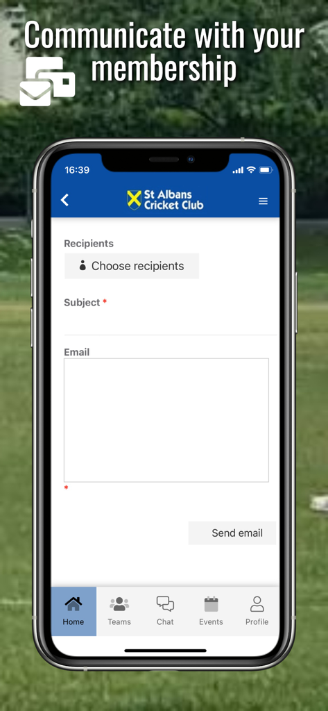 Der Hitssports App-Bildschirm zum Verfassen von E-Mails zur Kommunikation mit Clubmitgliedern