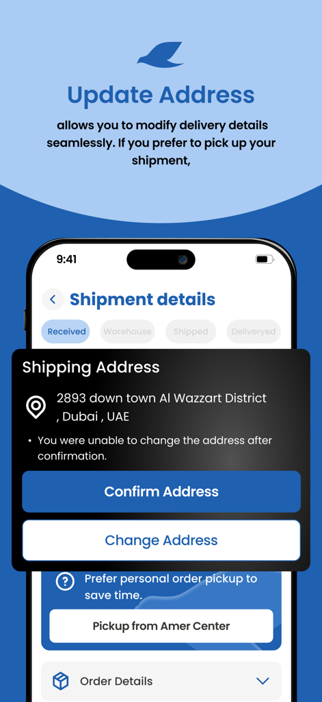 Zajel Courier Services - Zajel Courier Services mobile app interface showing shipment details with options to update shipping address or choose a pickup location