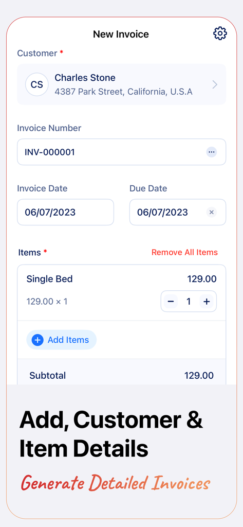 Invoice Generator - Zoho - Interface of the Zoho Invoice Generator app showing customer and item details for a new invoice