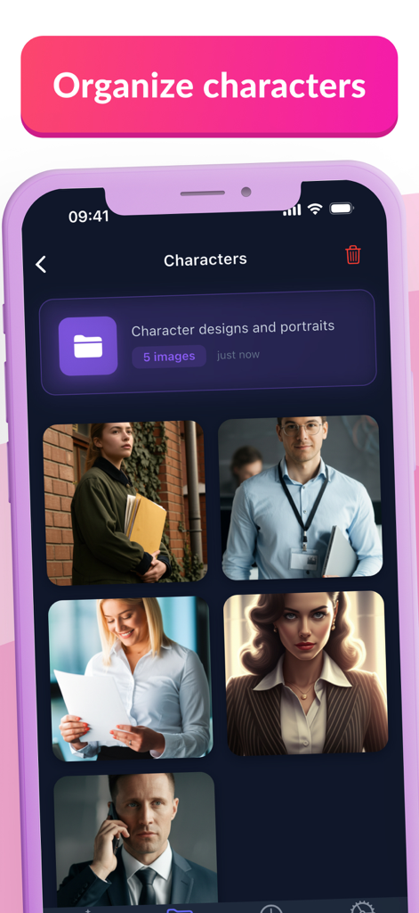 ТаngоLivе AI: Character Studio - AI character studio app screen displaying an organized gallery of realistic AI generated character portraits