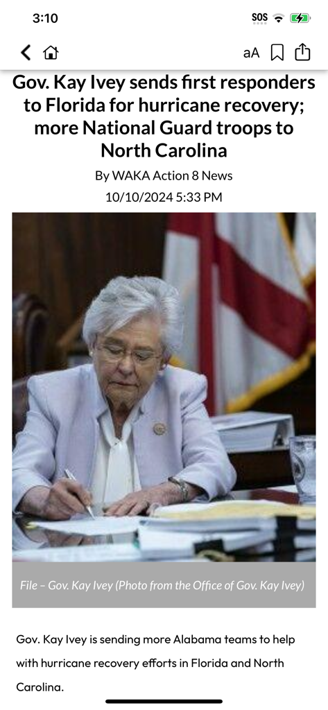 WAKA News - A news article screen in the WAKA News app featuring Governor Kay Ivey and a headline about hurricane recovery efforts.