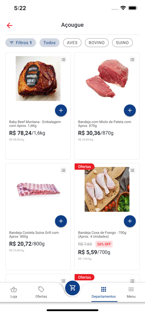 Meat products in the butcher section of the Shibata Supermercados app