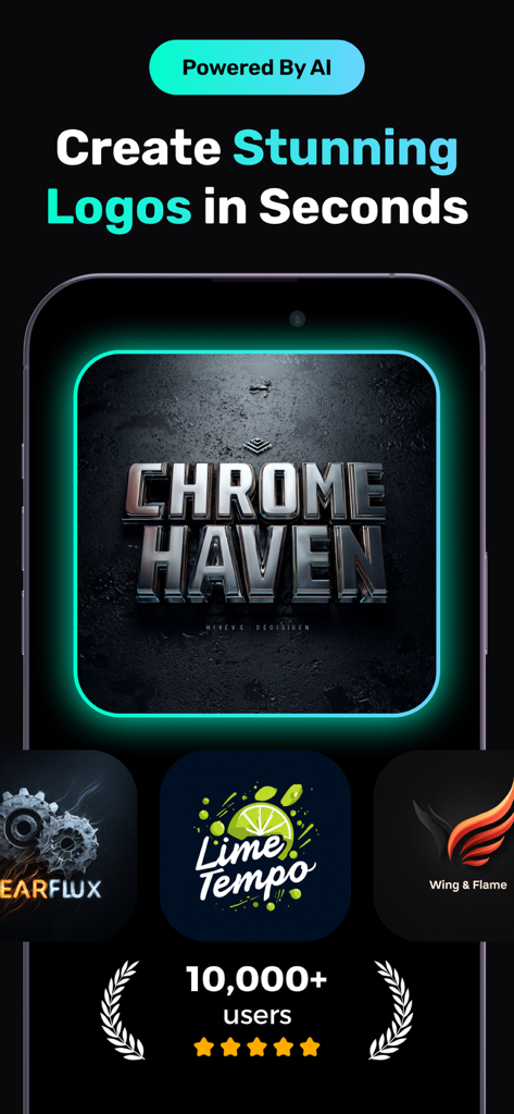 A mobile app screen for LOGO AI showing professional logo designs for different brands and a five star user rating