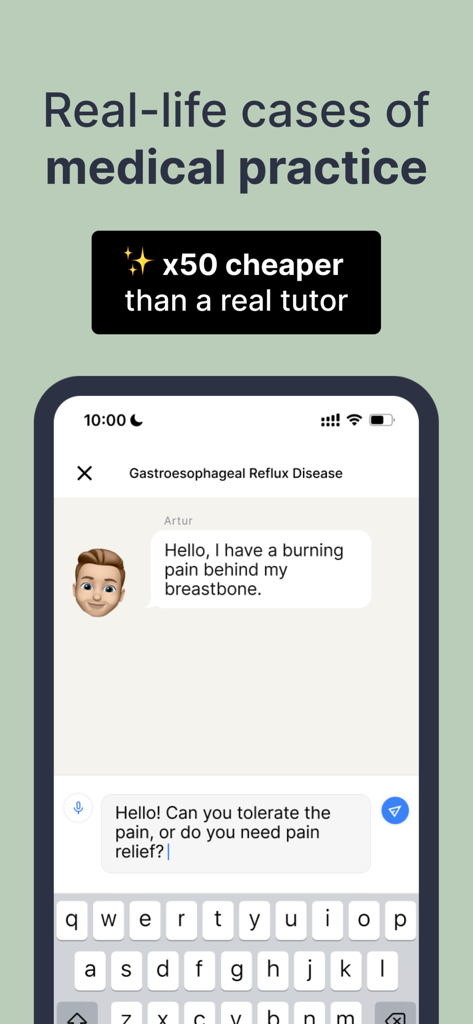 Chat interface showing a real-life medical case for practicing clinical English communication