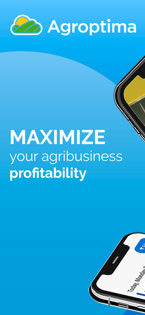 Agroptima - Tela de abertura do aplicativo móvel Agroptima destacando o objetivo de maximizar a lucratividade do agronegócio
