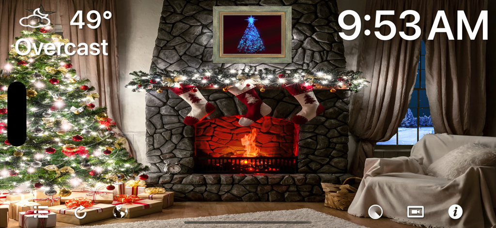 Fireplace 4K - Ultra HD Video - Cozy 4K fireplace app display with a Christmas tree and weather widgets