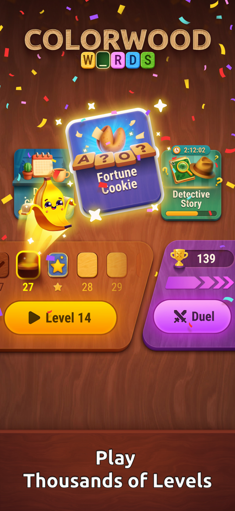 Colorwood Words - Cryptogram - Main menu of Colorwood Words showing level selection and event cards