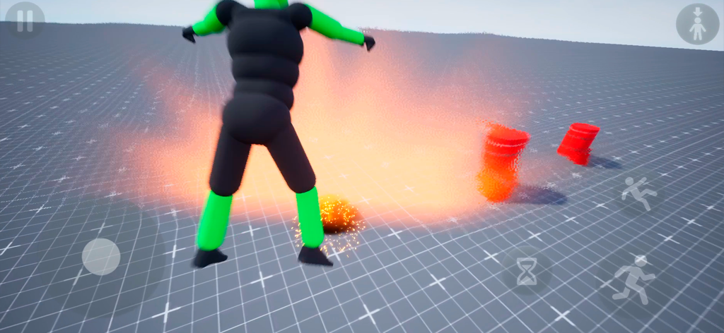 A green and black ragdoll character standing next to a large orange explosion on a grid-textured physics sandbox map.