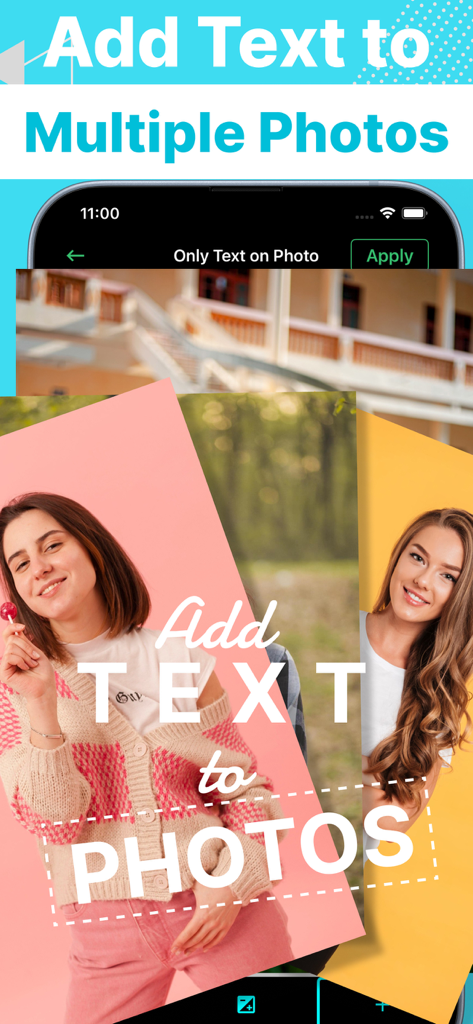 Write on Photos: Text on photo - Una interfaz de aplicación móvil que muestra la función para añadir tipografía elegante a múltiples fotos simultáneamente para la creación de contenido en redes sociales.