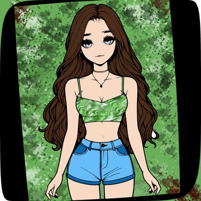 a realistic girl with long hair and in a crop top and shprts