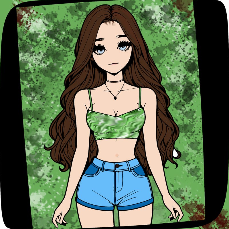 a realistic girl with long hair and in a crop top and shprts