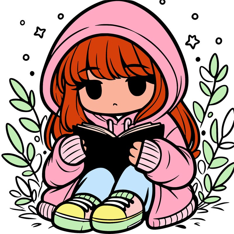 girl in oversized hoodie reading a book