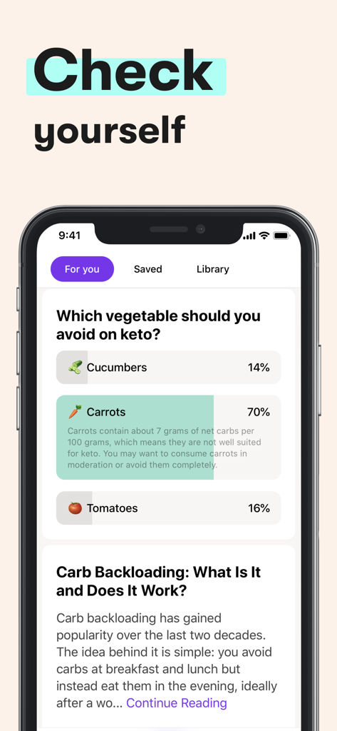 Mobile app screen showing a keto diet quiz about vegetables and educational health articles.