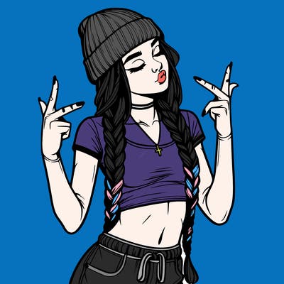 realistic teenage girl with braids and a beanie and crop top doing 🫶🏼