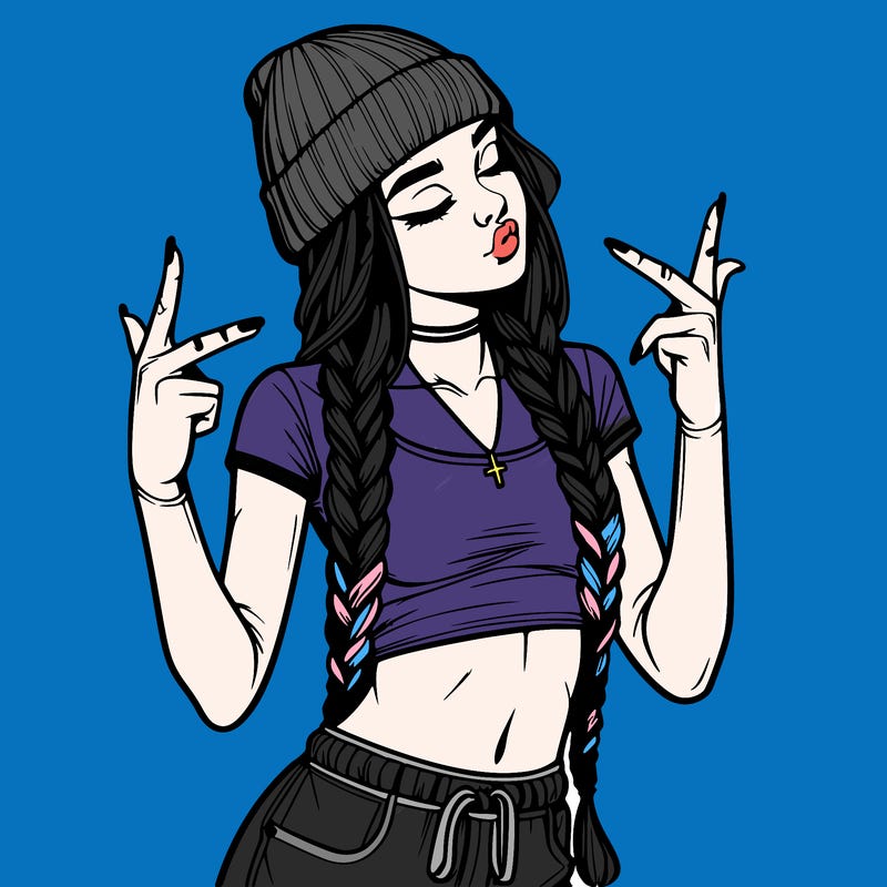 realistic teenage girl with braids and a beanie and crop top doing 🫶🏼