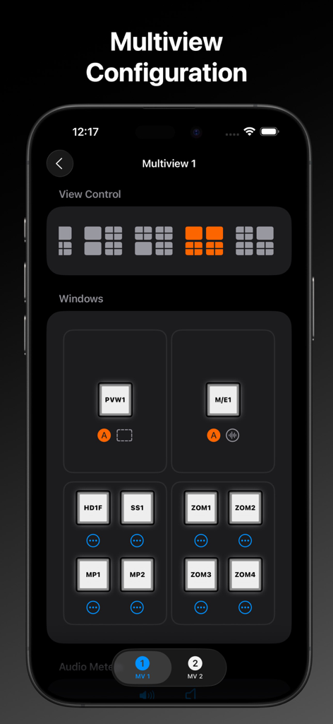 MixEffect (Trial & Pro Unlock) - MixEffect app on iPhone showing the multiview configuration screen with selectable layout grids and video source assignments.