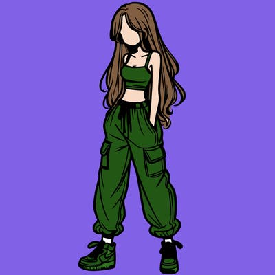 girl in baggy pants crop top and long hair