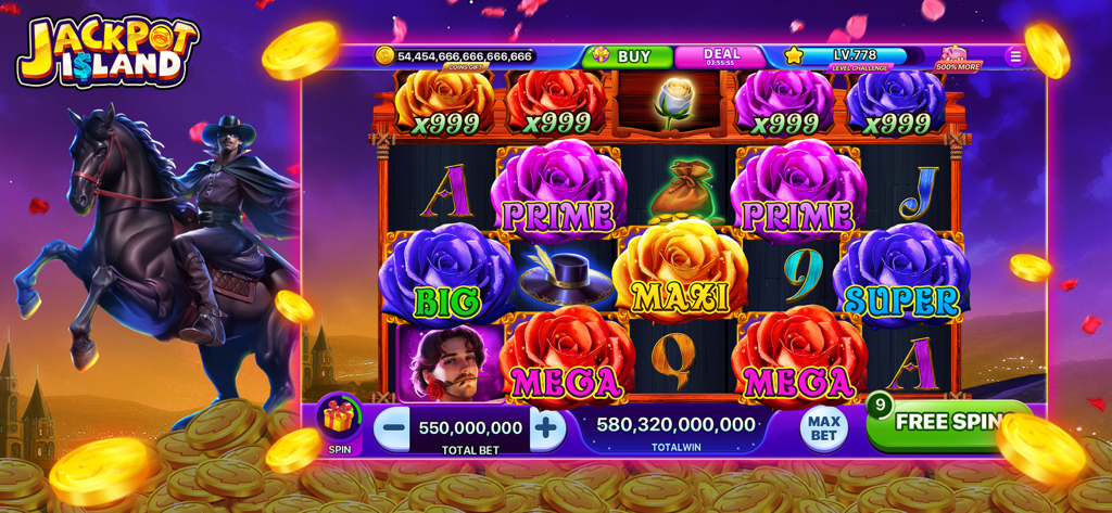 Jackpot Island - Slot Machines - Jackpot Island mobile slot machine featuring a masked rider and colorful rose symbols with mega win multipliers.