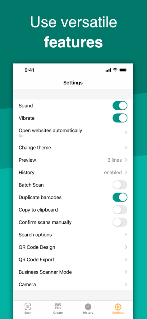 Schermata delle impostazioni dell'app QRbot che mostra opzioni versatili per lo scanner, inclusa la modalità aziendale e la gestione della cronologia