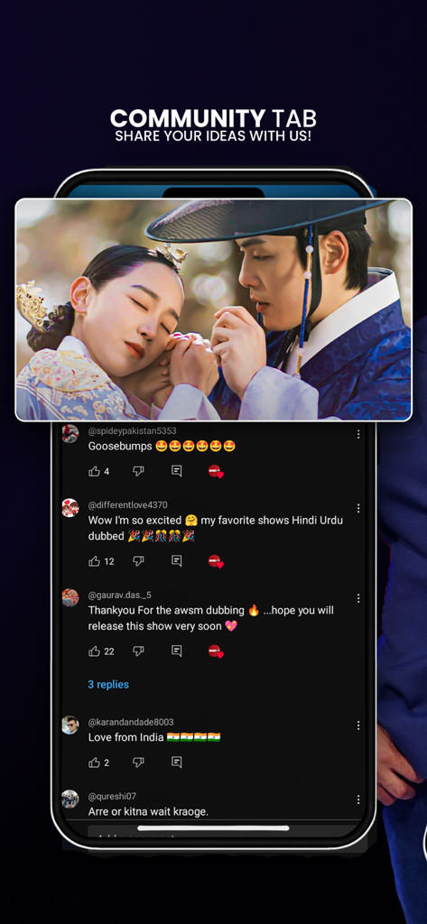 Urduflix - اردو فلکس - Urduflix app community tab displaying user comments and a scene from a dubbed series