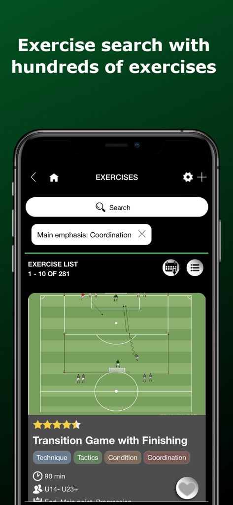 Interface da aplicação móvel mostrando exercícios de treino de futebol e um diagrama tático para um jogo de transição com finalização.