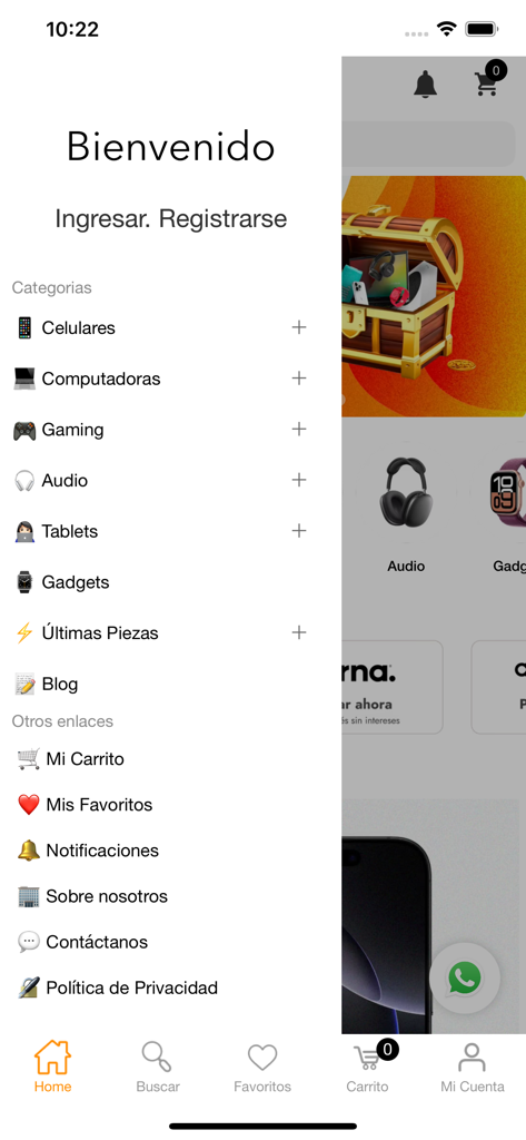 Menu de navegação lateral do aplicativo móvel Doto com categorias de produtos como smartphones, games e computadores