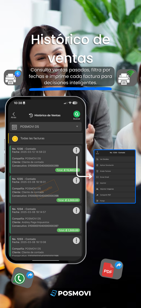 POSMOVI - Mobile view of POSMOVI sales history showing a list of past invoices and management tools