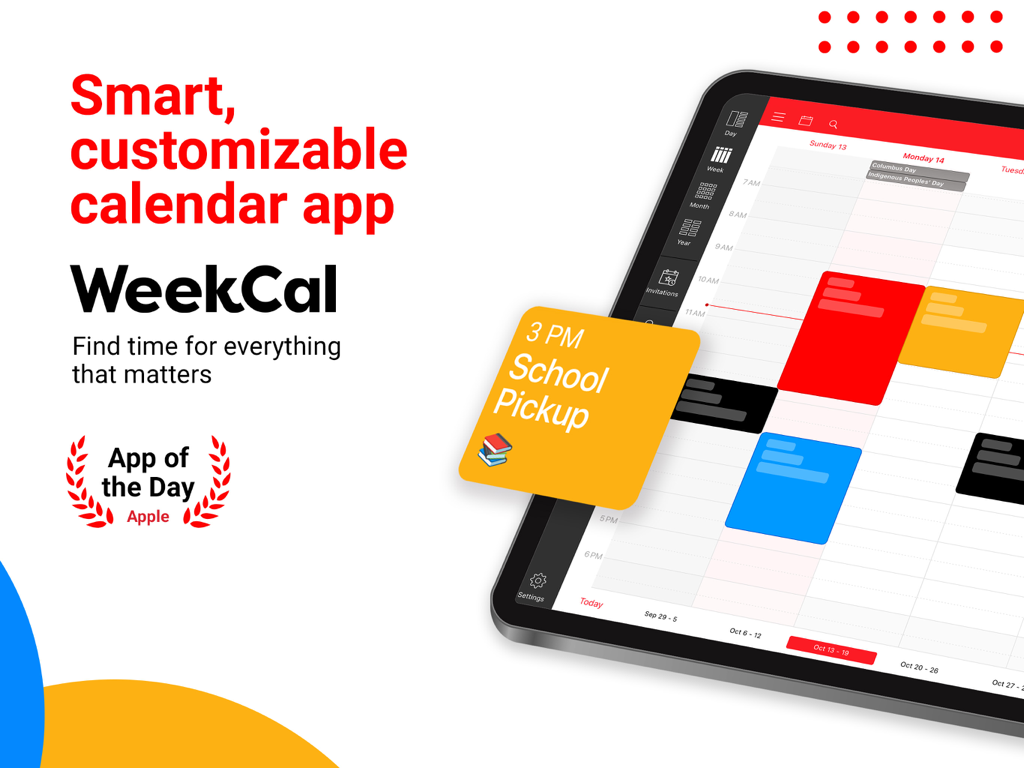 Werbegrafik für WeekCal, eine intelligente und anpassbare Kalender-App für das iPad, mit farblich kodiertem Zeitplan und der Auszeichnung "Apple App des Tages".