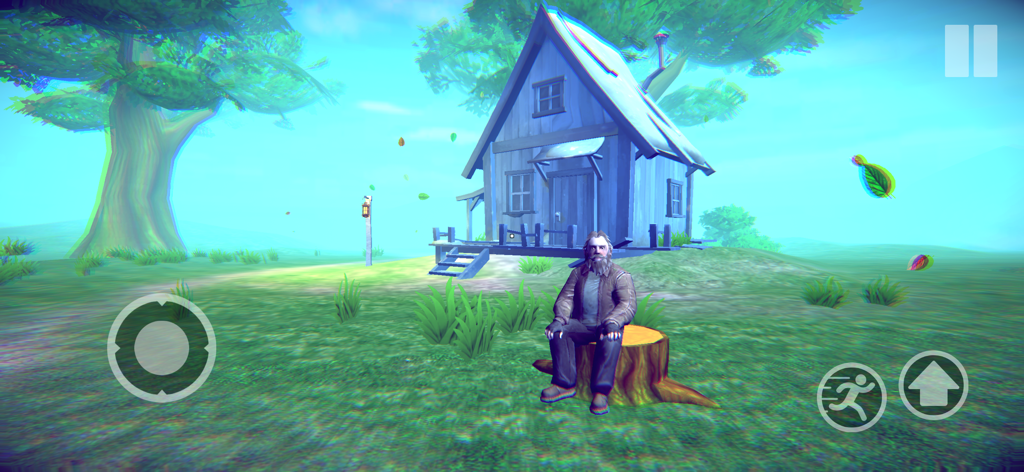 Loop Forest Grandpa in Forest - A bearded man sitting on a tree stump in front of a blue cabin in the Loop Forest game environment.