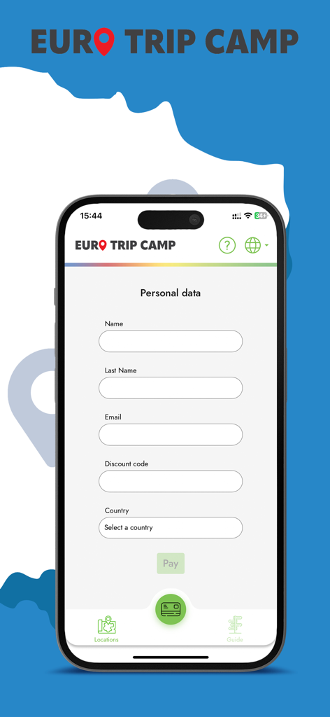 Euro Trip Camp - 氏名、メールアドレス、割引コードのフィールドを含む個人情報登録フォームを表示するユーロトリップキャンプアプリのモバイル画面