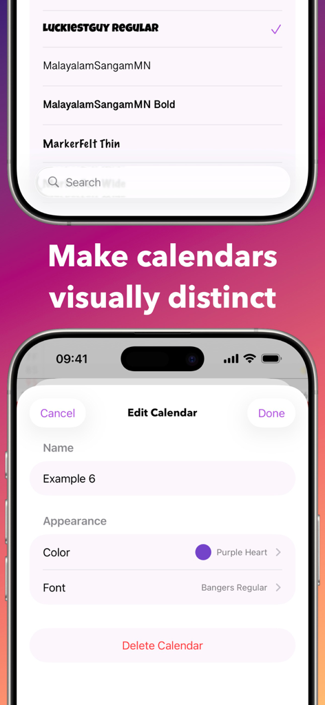 Oberfläche der Calendar+ App, die Optionen zur Anpassung von Kalenderfarben und Schriftarten zeigt.
