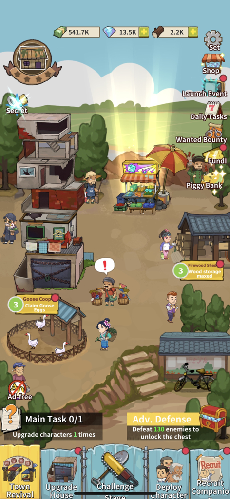 Captura de tela da jogabilidade de Home Defender Wang's Story mostrando a tela de renascimento da cidade com um prédio de vários andares e um galinheiro