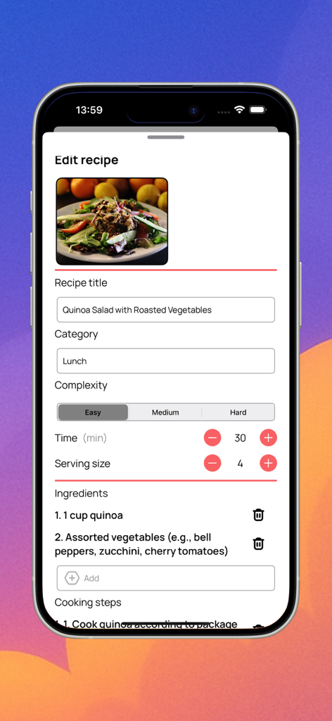 Сhеf Маstеr AI - L'écran d'édition de recette de l'application Chef Master AI affichant les détails d'une salade de quinoa