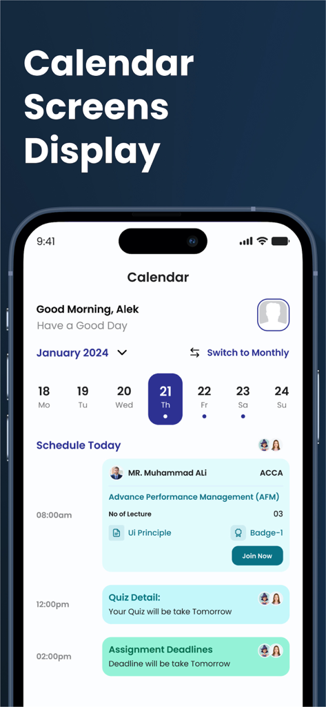 Campus-Insight - Campus-Insight app calendar interface showing a student's daily schedule with lectures and assignment deadlines