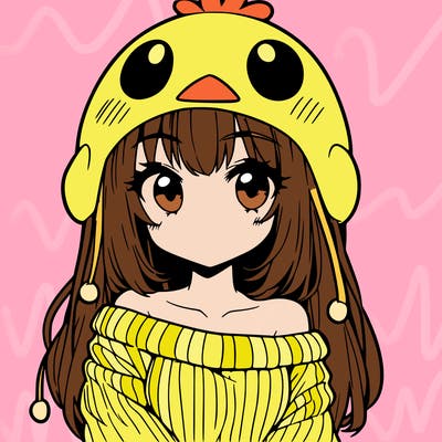 anime girl with chick shaped hat with sweater with bare shoulders with bangs covering them one eye with low tail