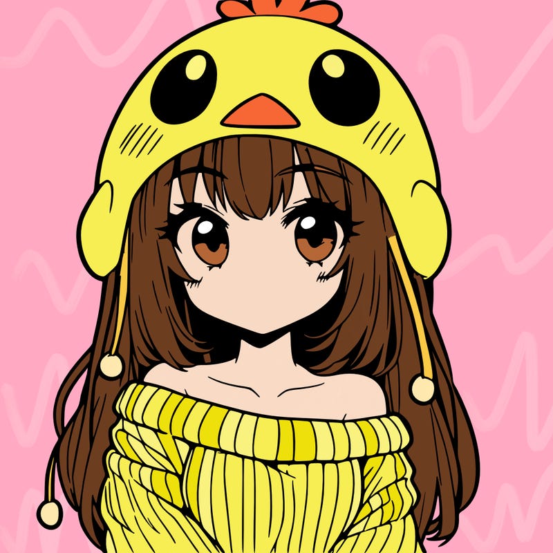 anime girl with chick shaped hat with sweater with bare shoulders with bangs covering them one eye with low tail