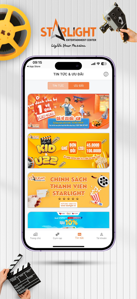 Starlight Cinemas - Mobile app interface for Starlight Cinemas showing news and promotion banners