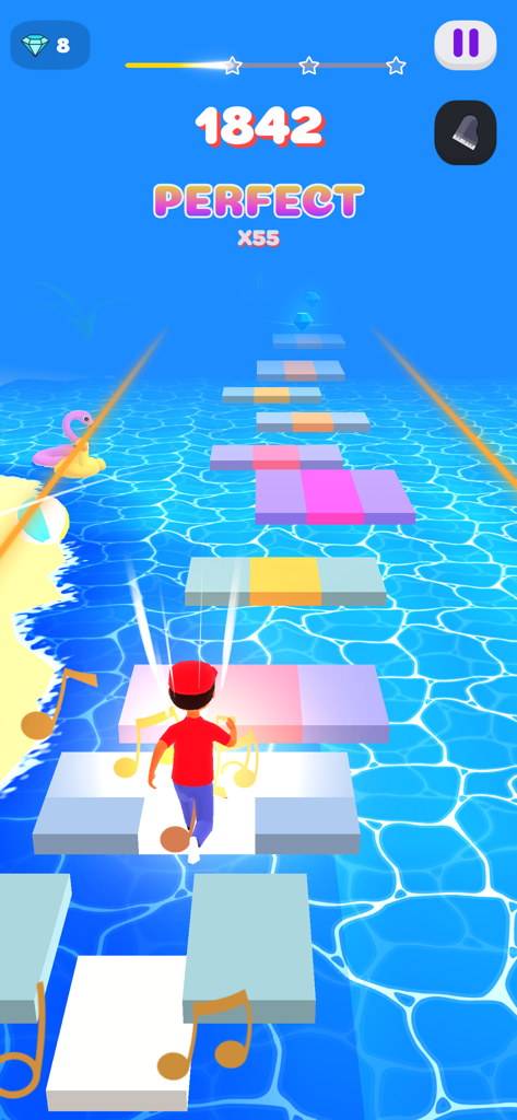 Melody Run - Cute Piano Game - Gameplay of Melody Run showing a character jumping on music tiles in a summer water theme